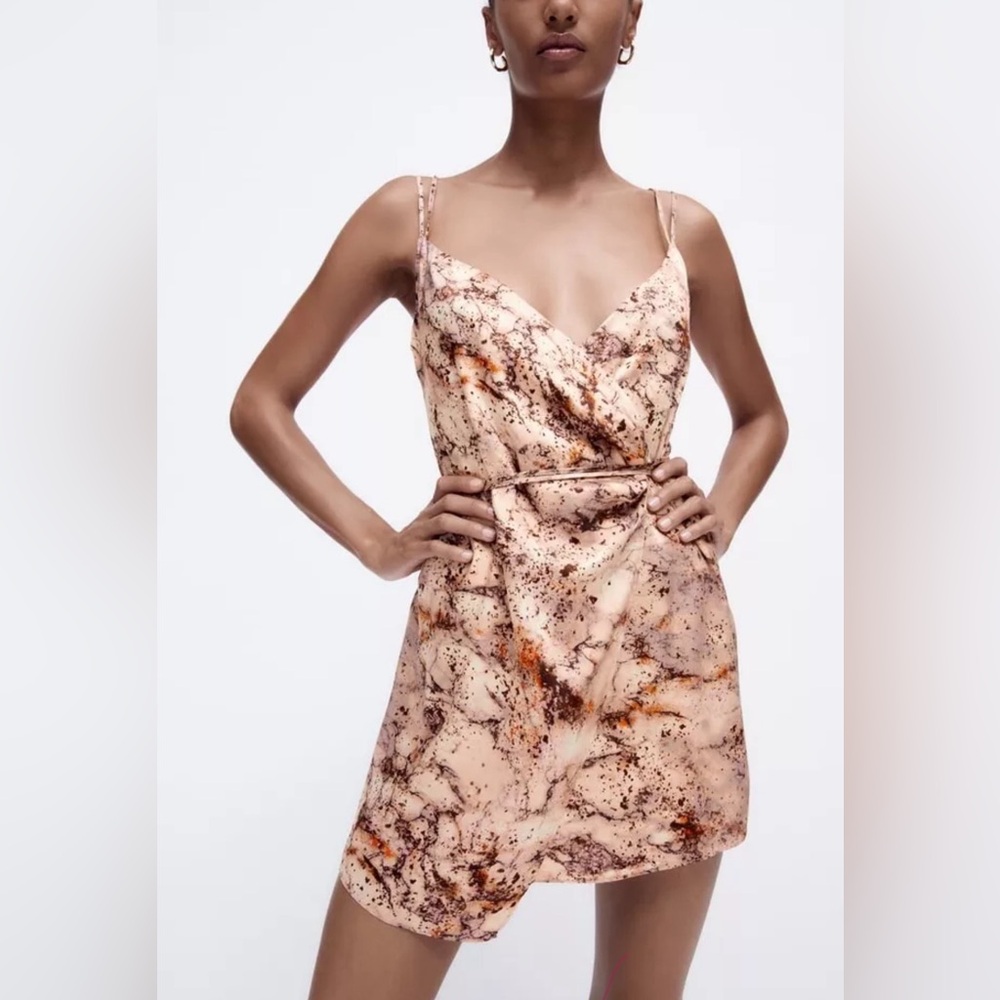 Zara Satin Marble Effect Mini Slip Dress